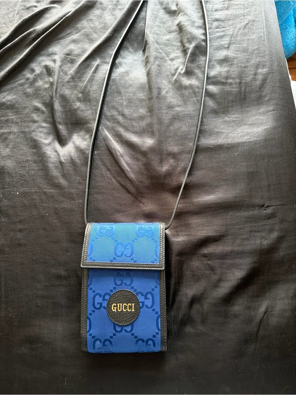 Gucci Blue GG Monogram Crossbody Phone Pouch with Logo Patch